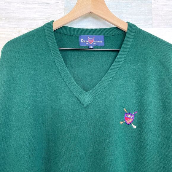 POLO Ralph Lauren Pure Cashmere Sweater Dark Green Golf Shield Logo VTG Mens XL - Picture 2 of 6